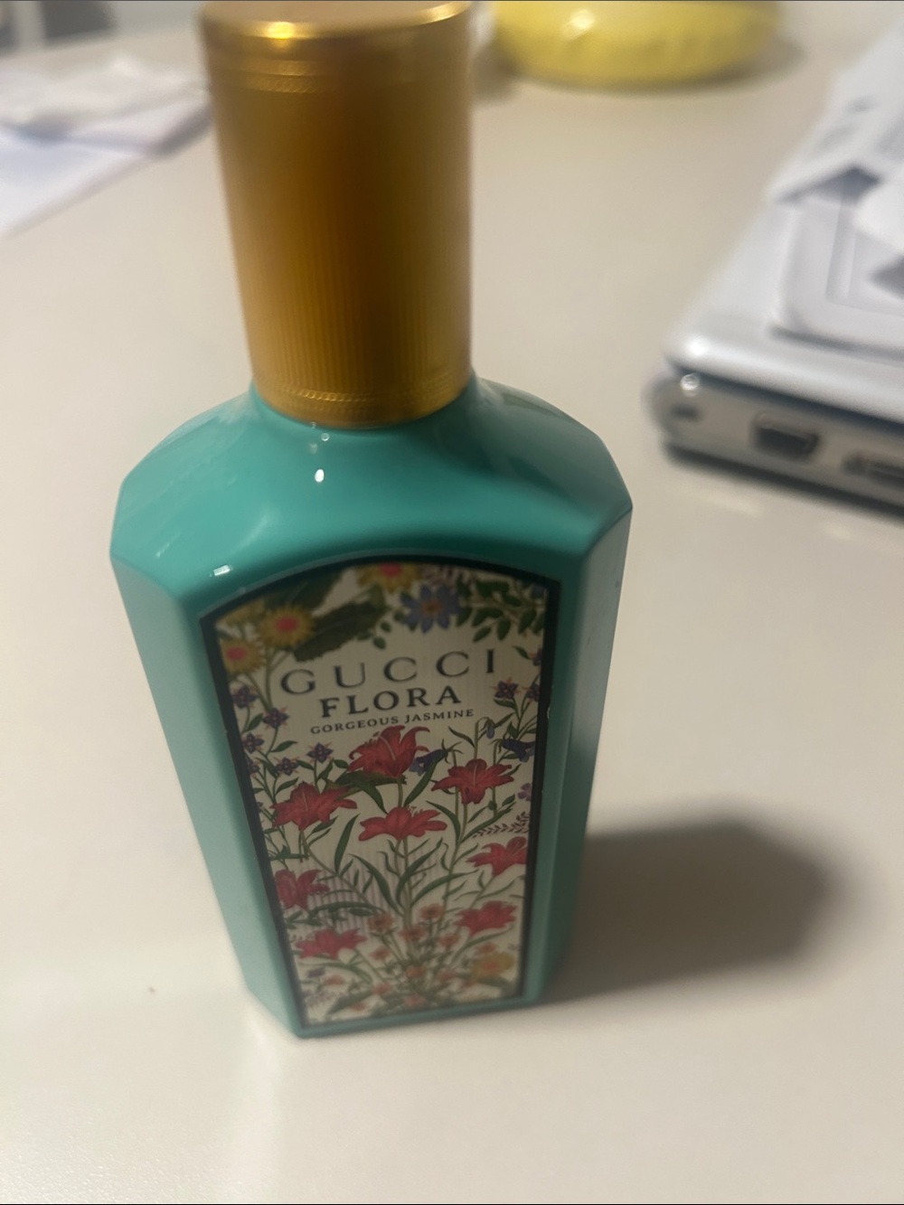 *REASONABLE OFFERS* “GUCCI” Floral Decorative Bottle in Teal-Gold Cap 🥰